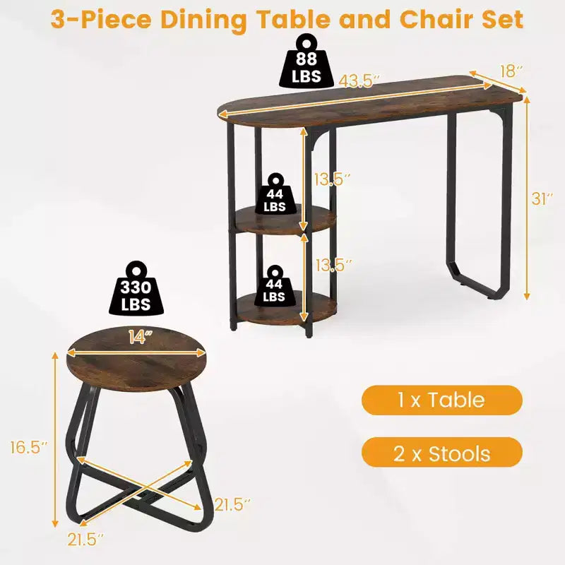 Costway 3 PCS Dining Table Set, Wooden Metal Kitchen Table & 2 Stools with Storage Shelves Rustic Brown+Black/White+Golden