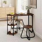 Costway 3 PCS Dining Table Set, Wooden Metal Kitchen Table & 2 Stools with Storage Shelves Rustic Brown+Black/White+Golden