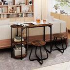 Costway 3 PCS Dining Table Set, Wooden Metal Kitchen Table & 2 Stools with Storage Shelves Rustic Brown+Black/White+Golden
