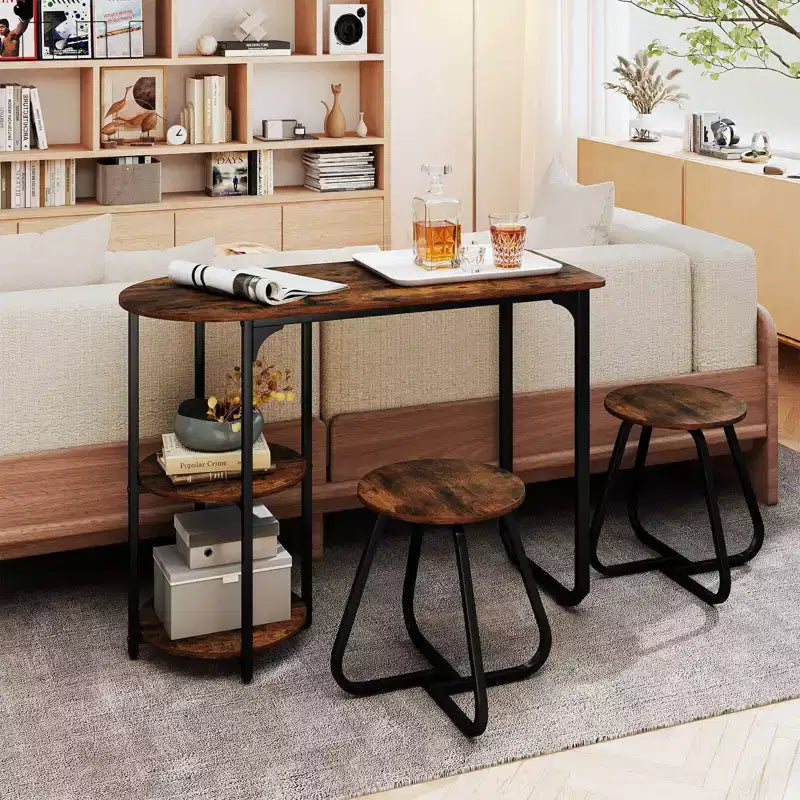 Costway 3 PCS Dining Table Set, Wooden Metal Kitchen Table & 2 Stools with Storage Shelves Rustic Brown+Black/White+Golden