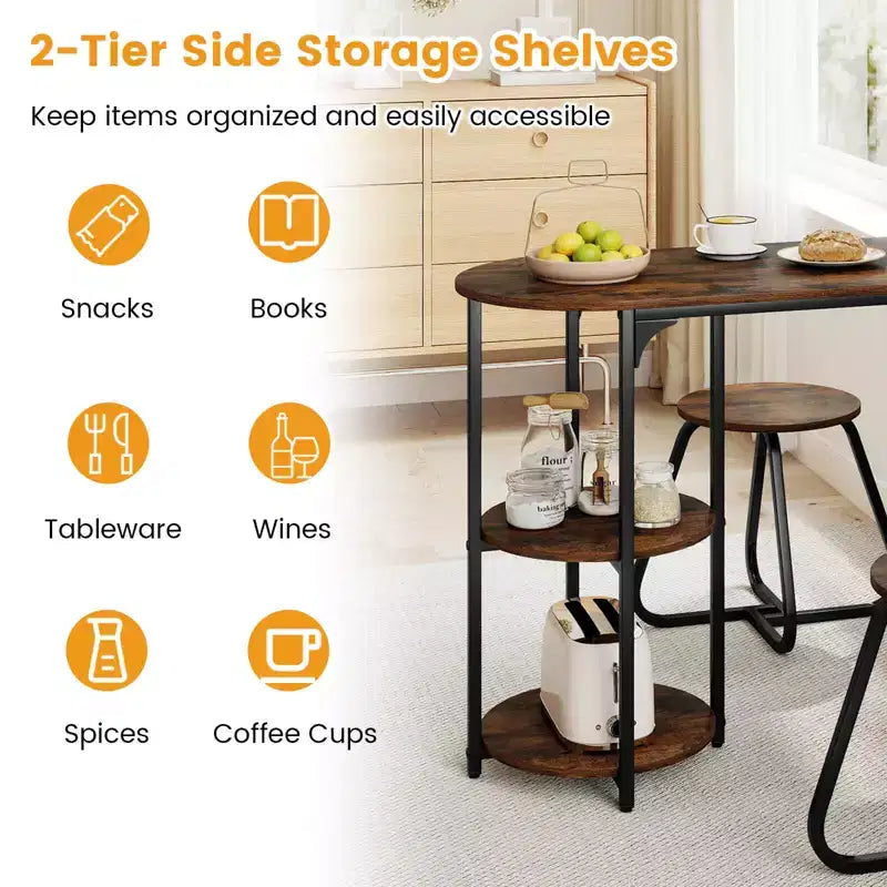 Costway 3 PCS Dining Table Set, Wooden Metal Kitchen Table & 2 Stools with Storage Shelves Rustic Brown+Black/White+Golden