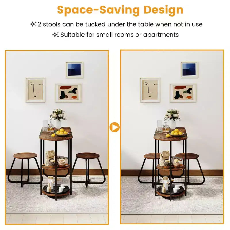 Costway 3 PCS Dining Table Set, Wooden Metal Kitchen Table & 2 Stools with Storage Shelves Rustic Brown+Black/White+Golden