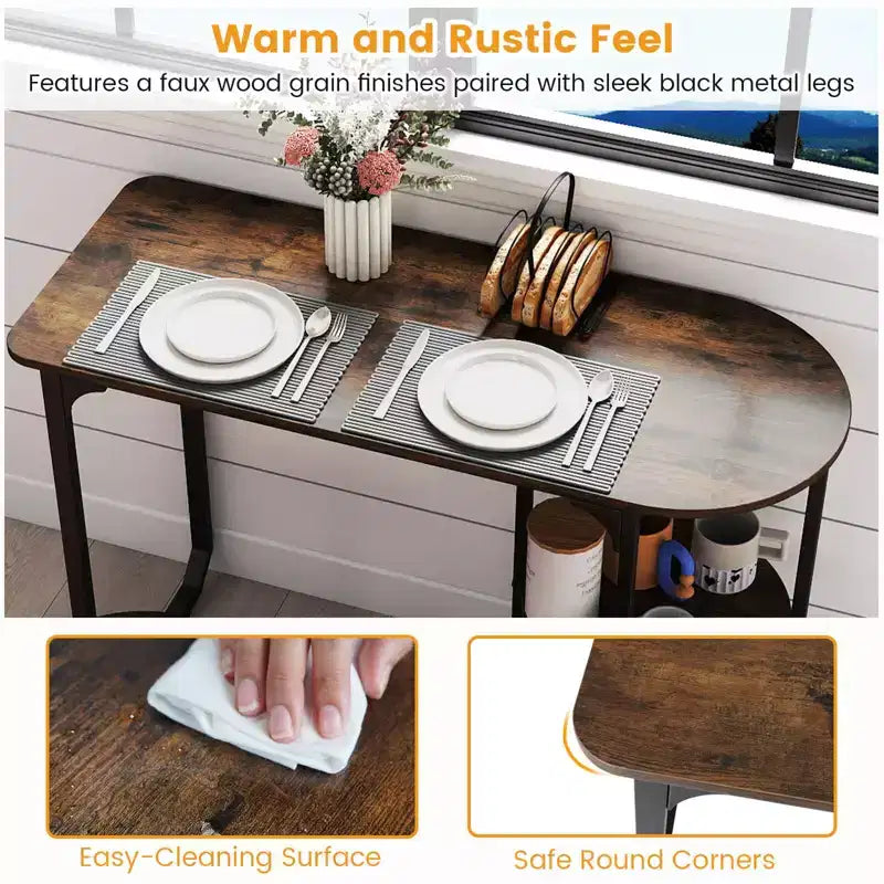 Costway 3 PCS Dining Table Set, Wooden Metal Kitchen Table & 2 Stools with Storage Shelves Rustic Brown+Black/White+Golden