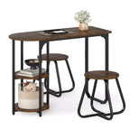 Costway 3 PCS Dining Table Set, Wooden Metal Kitchen Table & 2 Stools with Storage Shelves Rustic Brown+Black/White+Golden