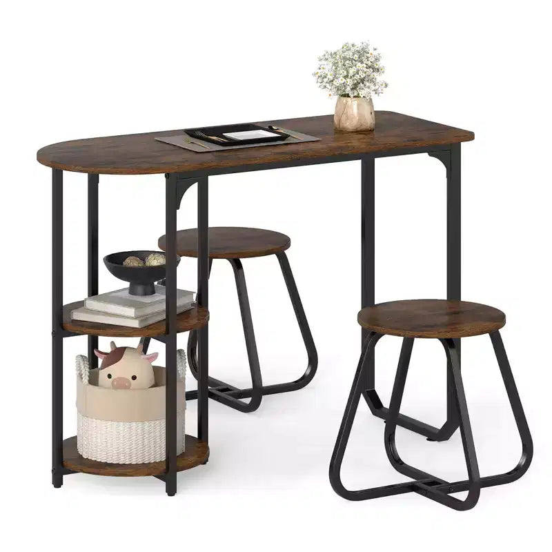 Costway 3 PCS Dining Table Set, Wooden Metal Kitchen Table & 2 Stools with Storage Shelves Rustic Brown+Black/White+Golden