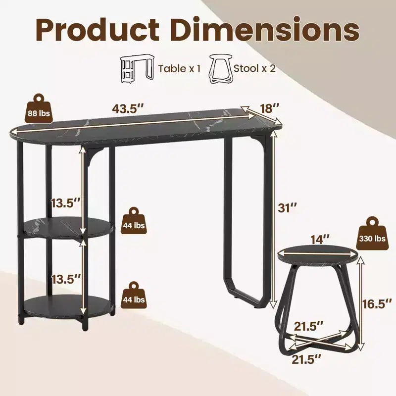 Costway 3 PCS Dining Table Set, Wooden Metal Kitchen Table & 2 Stools with Storage Shelves Rustic Brown+Black/White+Golden