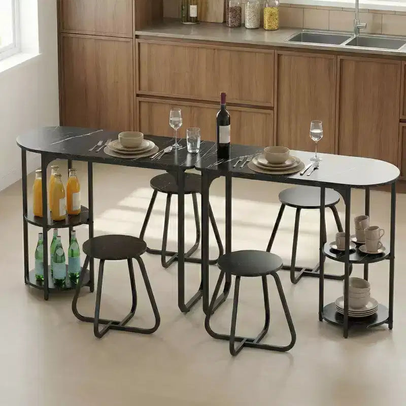 Costway 3 PCS Dining Table Set, Wooden Metal Kitchen Table & 2 Stools with Storage Shelves Rustic Brown+Black/White+Golden