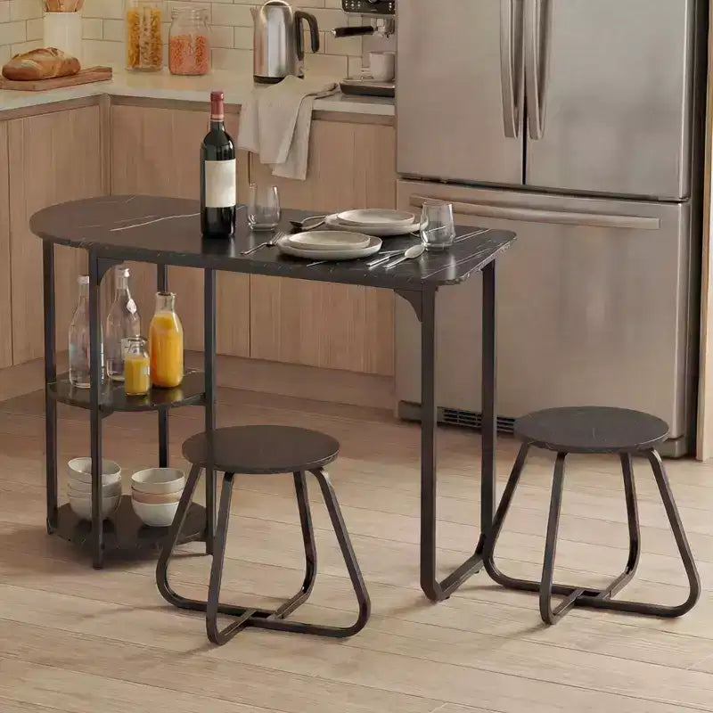 Costway 3 PCS Dining Table Set, Wooden Metal Kitchen Table & 2 Stools with Storage Shelves Rustic Brown+Black/White+Golden