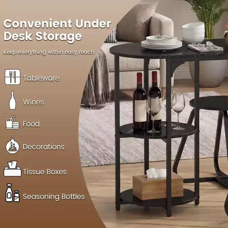 Costway 3 PCS Dining Table Set, Wooden Metal Kitchen Table & 2 Stools with Storage Shelves Rustic Brown+Black/White+Golden