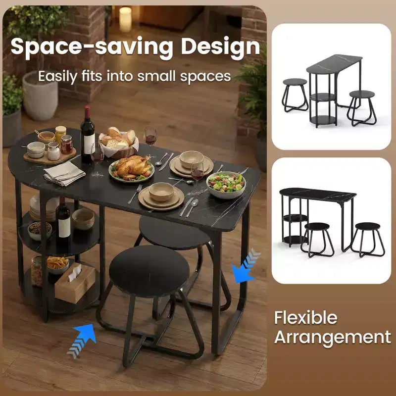 Costway 3 PCS Dining Table Set, Wooden Metal Kitchen Table & 2 Stools with Storage Shelves Rustic Brown+Black/White+Golden