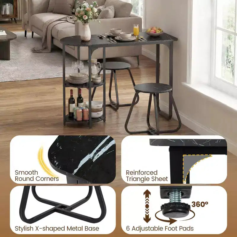 Costway 3 PCS Dining Table Set, Wooden Metal Kitchen Table & 2 Stools with Storage Shelves Rustic Brown+Black/White+Golden