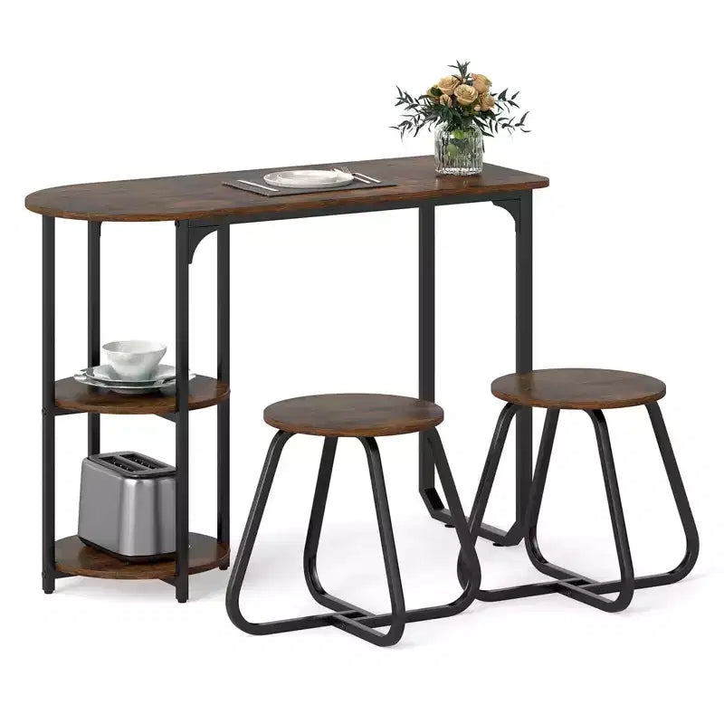 Costway 3 PCS Dining Table Set, Wooden Metal Kitchen Table & 2 Stools with Storage Shelves Rustic Brown+Black/White+Golden