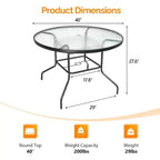 VINGLI Round Patio Table with Umbrella Hole, 40 Outdoor Dining Table Steel Tempered Glass Patio Tables Round Outdoor Tables