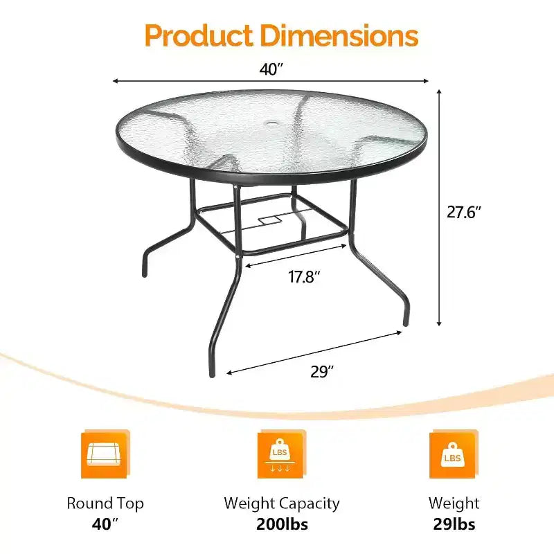 VINGLI Round Patio Table with Umbrella Hole, 40 Outdoor Dining Table Steel Tempered Glass Patio Tables Round Outdoor Tables