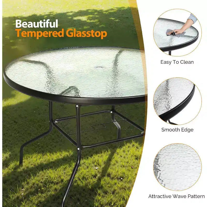 VINGLI Round Patio Table with Umbrella Hole, 40 Outdoor Dining Table Steel Tempered Glass Patio Tables Round Outdoor Tables