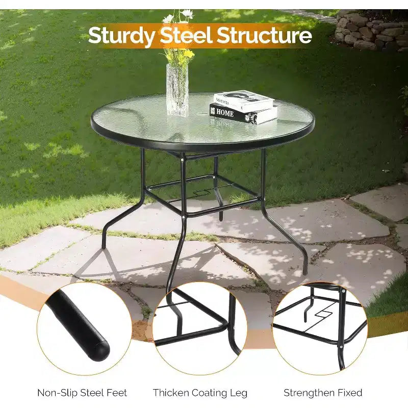 VINGLI Round Patio Table with Umbrella Hole, 40 Outdoor Dining Table Steel Tempered Glass Patio Tables Round Outdoor Tables