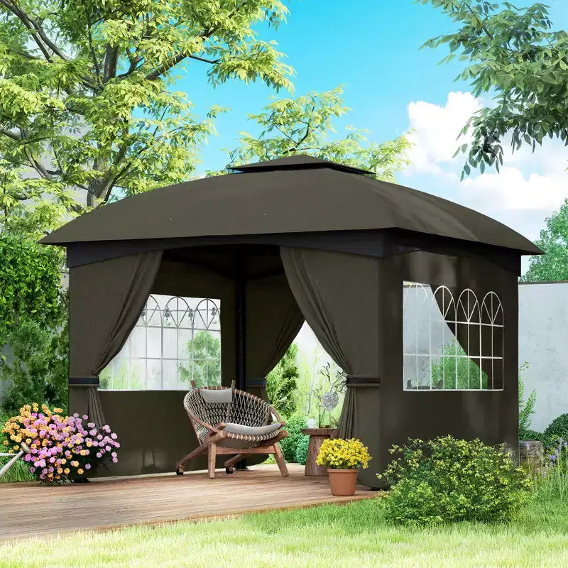 11' x 11' Outdoor Gazebo, Double Roof Patio Gazebo with Curtains, Church Windows, Galvanized Steel Frame