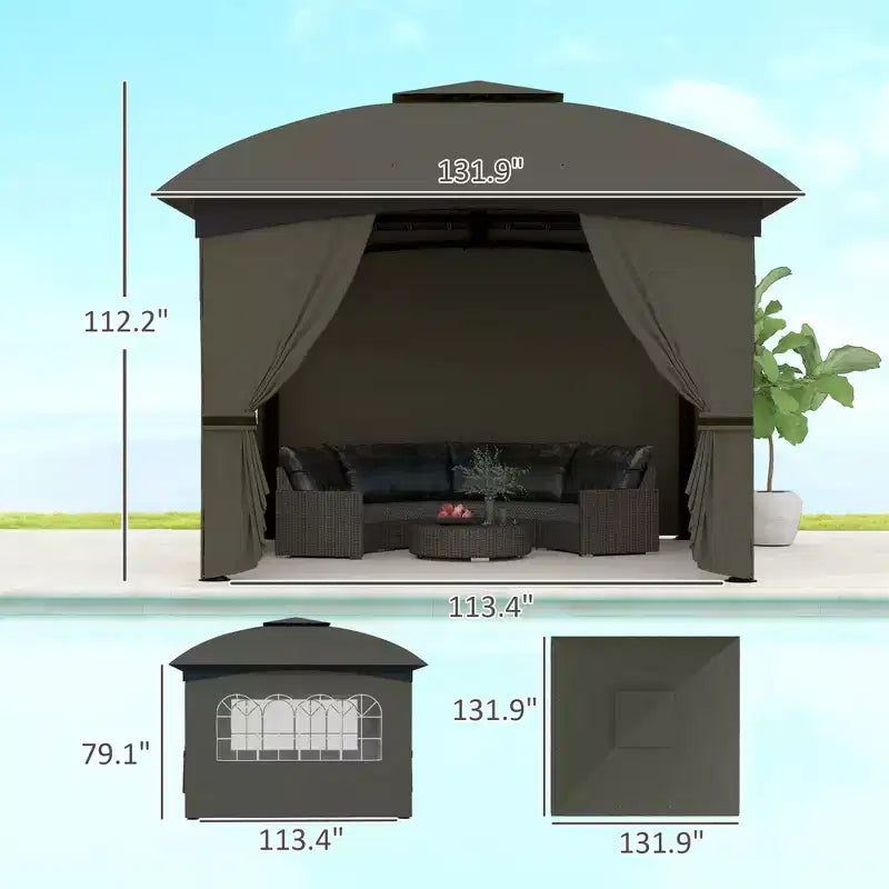11' x 11' Outdoor Gazebo, Double Roof Patio Gazebo with Curtains, Church Windows, Galvanized Steel Frame