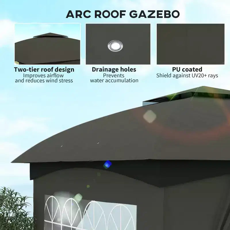11' x 11' Outdoor Gazebo, Double Roof Patio Gazebo with Curtains, Church Windows, Galvanized Steel Frame