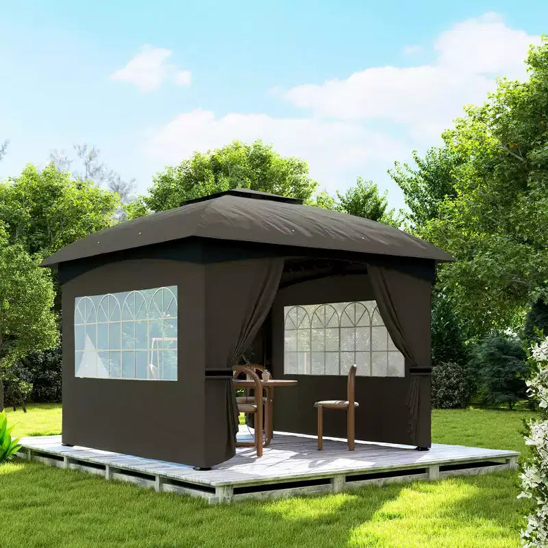 11' x 11' Outdoor Gazebo, Double Roof Patio Gazebo with Curtains, Church Windows, Galvanized Steel Frame
