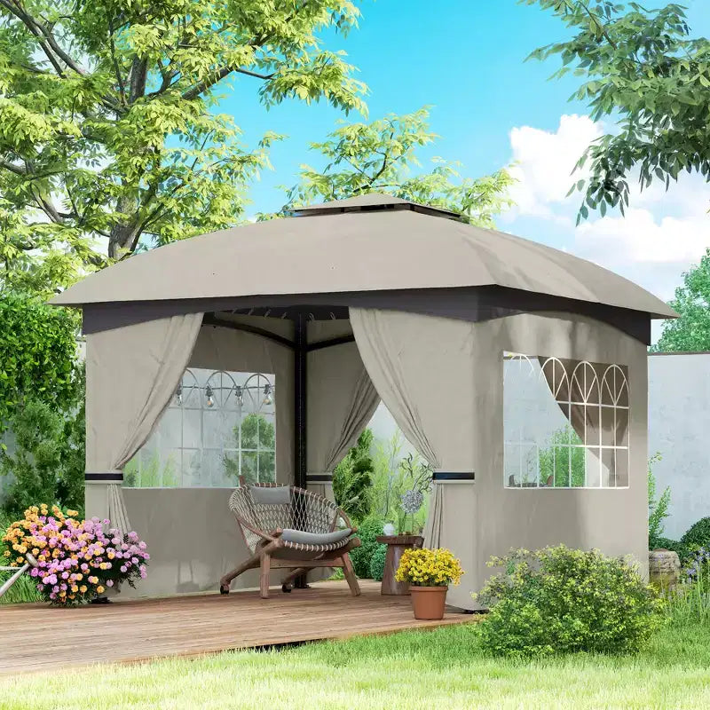 11' x 11' Outdoor Gazebo, Double Roof Patio Gazebo with Curtains, Church Windows, Galvanized Steel Frame