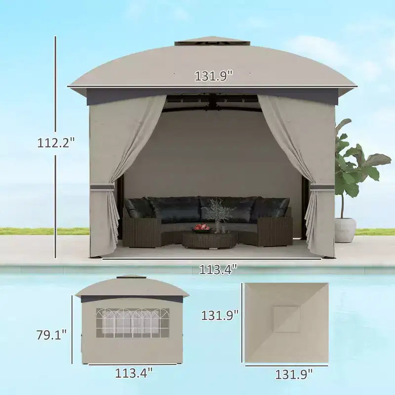 11' x 11' Outdoor Gazebo, Double Roof Patio Gazebo with Curtains, Church Windows, Galvanized Steel Frame