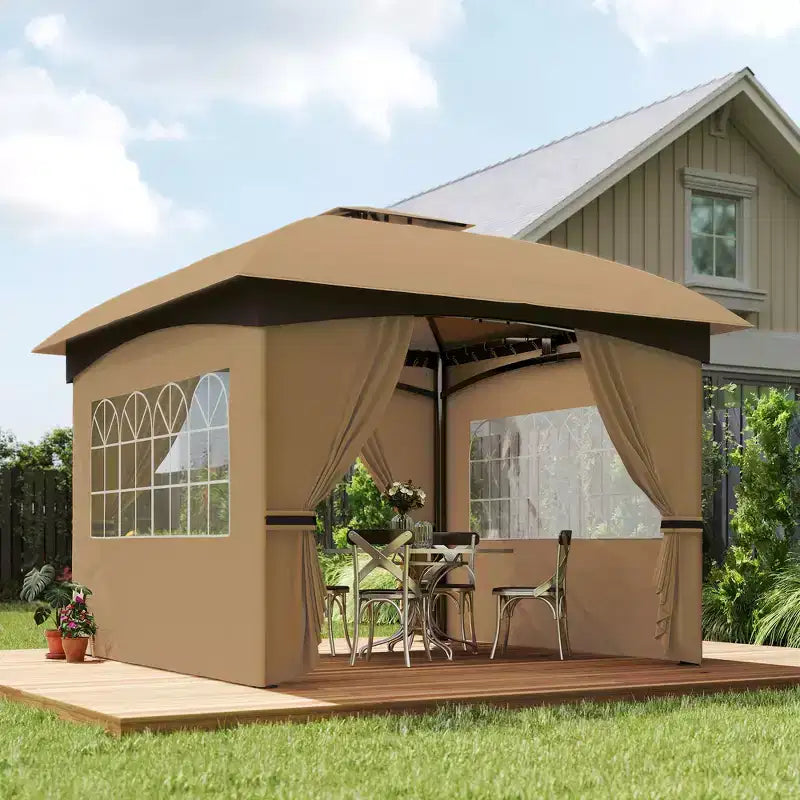 11' x 11' Outdoor Gazebo, Double Roof Patio Gazebo with Curtains, Church Windows, Galvanized Steel Frame
