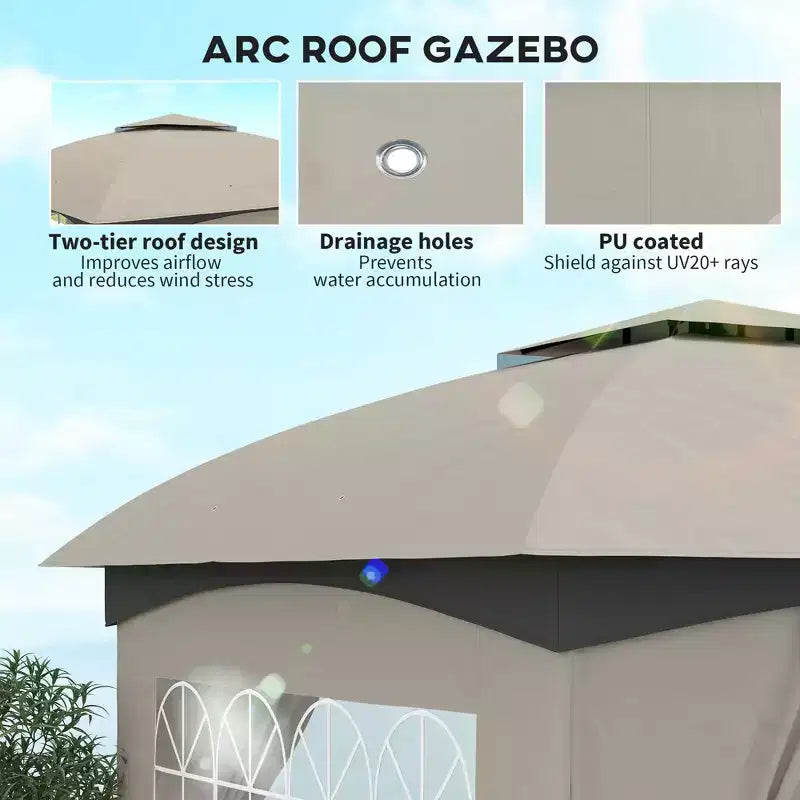 11' x 11' Outdoor Gazebo, Double Roof Patio Gazebo with Curtains, Church Windows, Galvanized Steel Frame