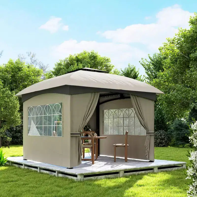 11' x 11' Outdoor Gazebo, Double Roof Patio Gazebo with Curtains, Church Windows, Galvanized Steel Frame
