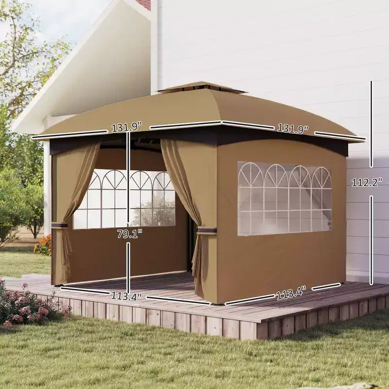 11' x 11' Outdoor Gazebo, Double Roof Patio Gazebo with Curtains, Church Windows, Galvanized Steel Frame