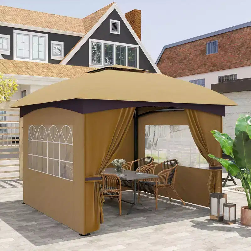 11' x 11' Outdoor Gazebo, Double Roof Patio Gazebo with Curtains, Church Windows, Galvanized Steel Frame