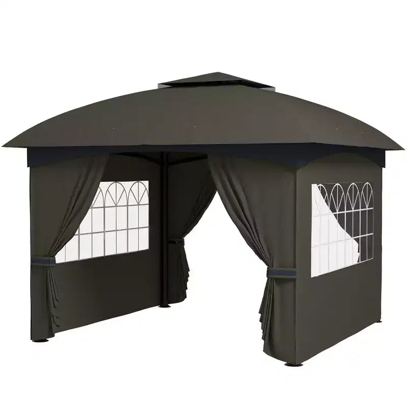 11' x 11' Outdoor Gazebo, Double Roof Patio Gazebo with Curtains, Church Windows, Galvanized Steel Frame