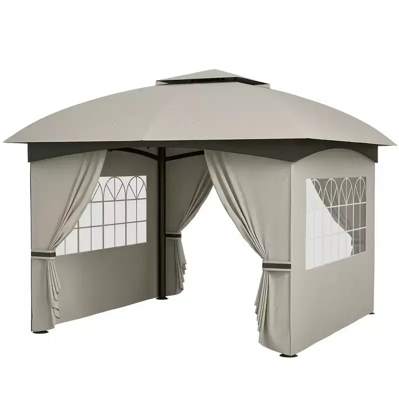 11' x 11' Outdoor Gazebo, Double Roof Patio Gazebo with Curtains, Church Windows, Galvanized Steel Frame