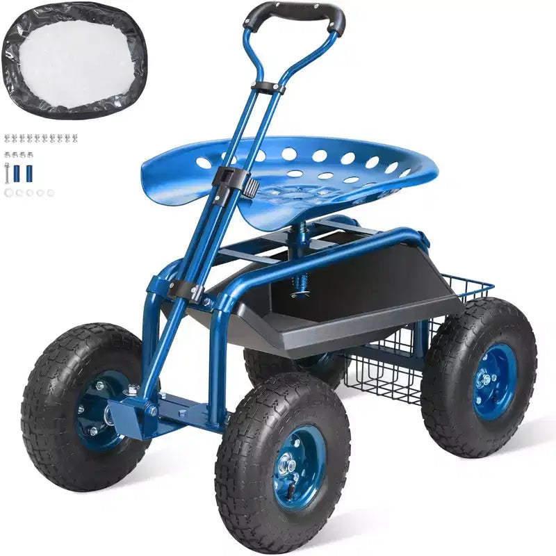 Garden Cart Rolling Workseat 360 Swivel Seat 10 in Inflatable Tires Storage Basket 300 lbs Blue