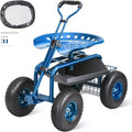 Garden Cart Rolling Workseat 360 Swivel Seat 10 in Inflatable Tires Storage Basket 300 lbs Blue