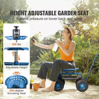 Garden Cart Rolling Workseat 360 Swivel Seat 10 in Inflatable Tires Storage Basket 300 lbs Blue