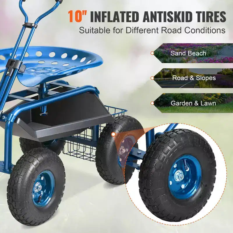 Garden Cart Rolling Workseat 360 Swivel Seat 10 in Inflatable Tires Storage Basket 300 lbs Blue