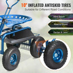 Garden Cart Rolling Workseat 360 Swivel Seat 10 in Inflatable Tires Storage Basket 300 lbs Blue