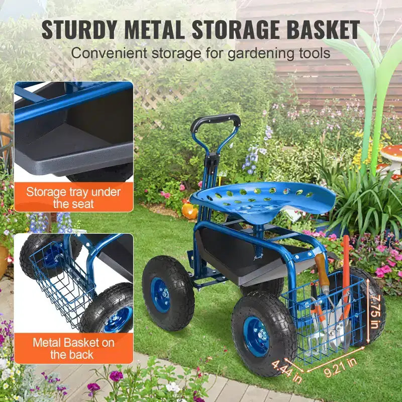 Garden Cart Rolling Workseat 360 Swivel Seat 10 in Inflatable Tires Storage Basket 300 lbs Blue