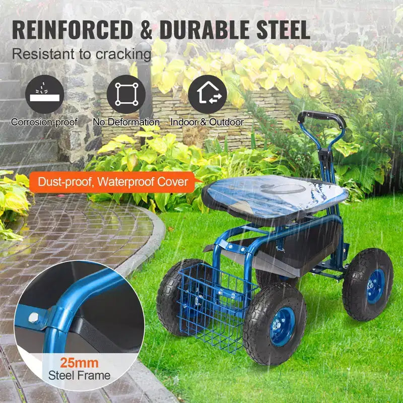 Garden Cart Rolling Workseat 360 Swivel Seat 10 in Inflatable Tires Storage Basket 300 lbs Blue
