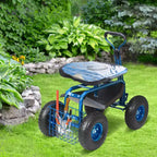 Garden Cart Rolling Workseat 360 Swivel Seat 10 in Inflatable Tires Storage Basket 300 lbs Blue