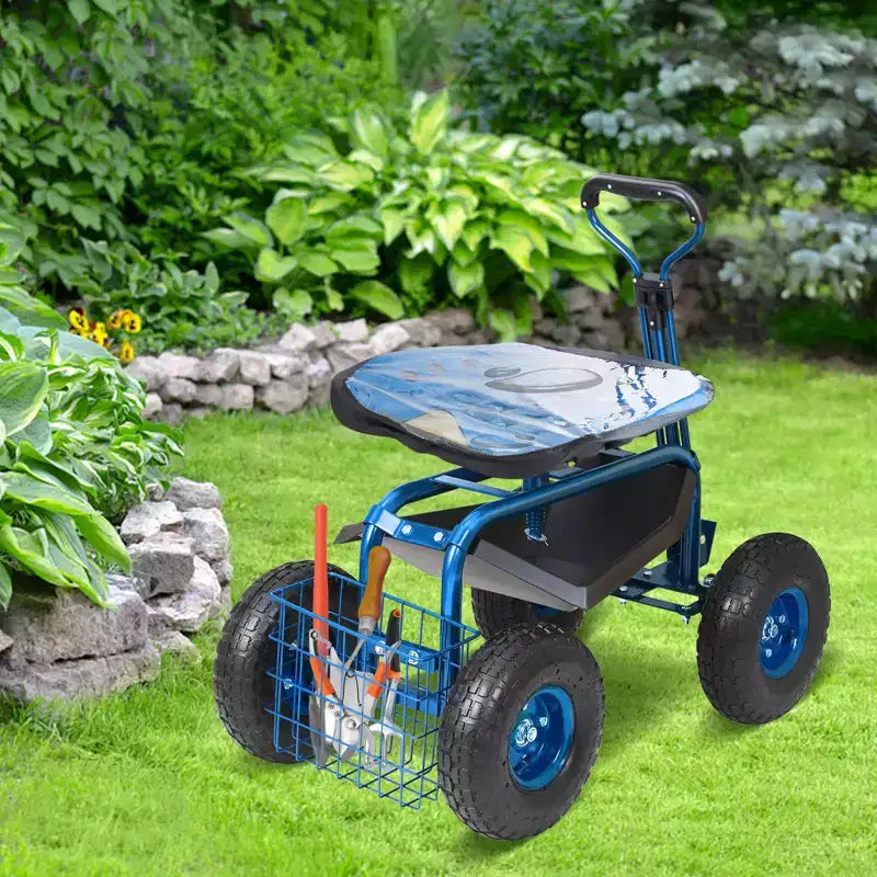 Garden Cart Rolling Workseat 360 Swivel Seat 10 in Inflatable Tires Storage Basket 300 lbs Blue