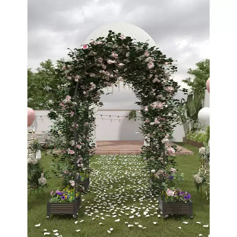 Sturdy Metal Garden Arch Trellis with Raised Planter Box, Tall Outdoor Arbor for Climbing Plants, Weddings, Parties, Yard Decor, Vine Support Frame