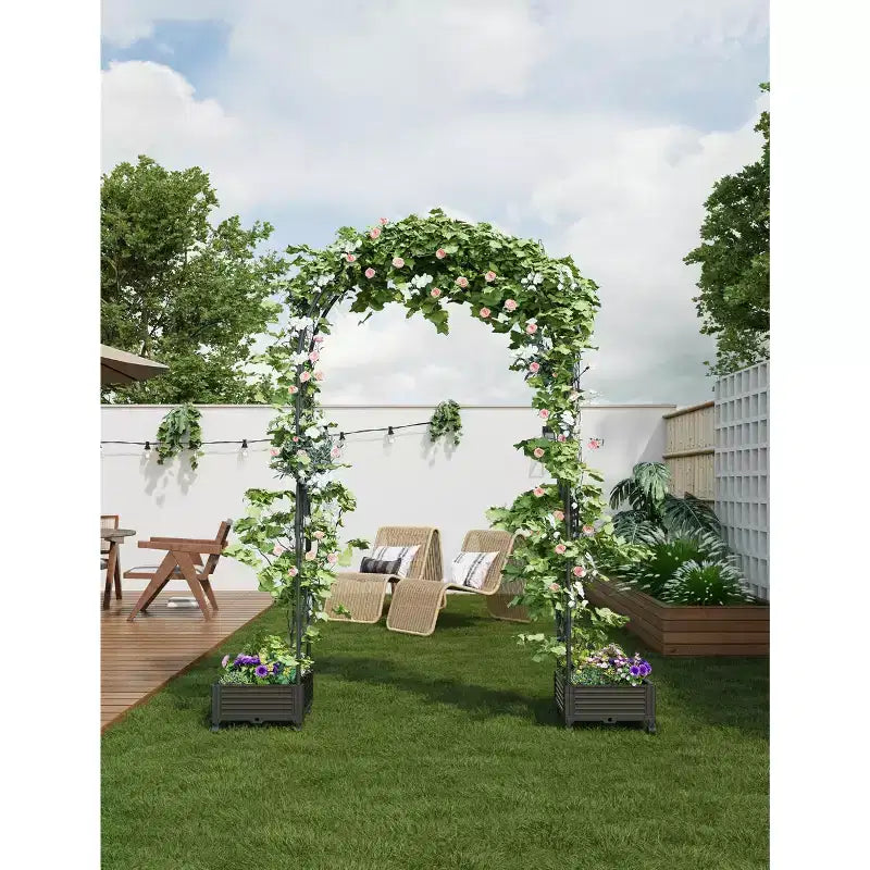 Sturdy Metal Garden Arch Trellis with Raised Planter Box, Tall Outdoor Arbor for Climbing Plants, Weddings, Parties, Yard Decor, Vine Support Frame