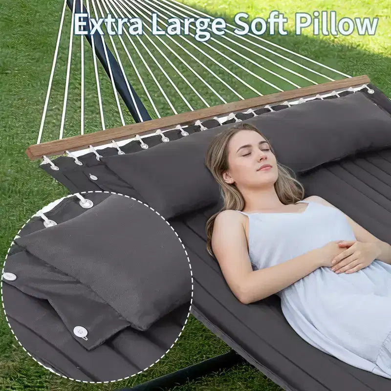 Extra Wide Double Hammock with Heavy Duty Steel Stand,Quilted Fabric Hammock with Pillow and Thick Rope, Portable Durable Hammock for Outdoor Patio