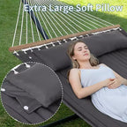 Extra Wide Double Hammock with Heavy Duty Steel Stand,Quilted Fabric Hammock with Pillow and Thick Rope, Portable Durable Hammock for Outdoor Patio