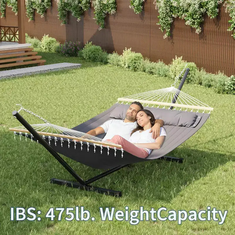 Extra Wide Double Hammock with Heavy Duty Steel Stand,Quilted Fabric Hammock with Pillow and Thick Rope, Portable Durable Hammock for Outdoor Patio