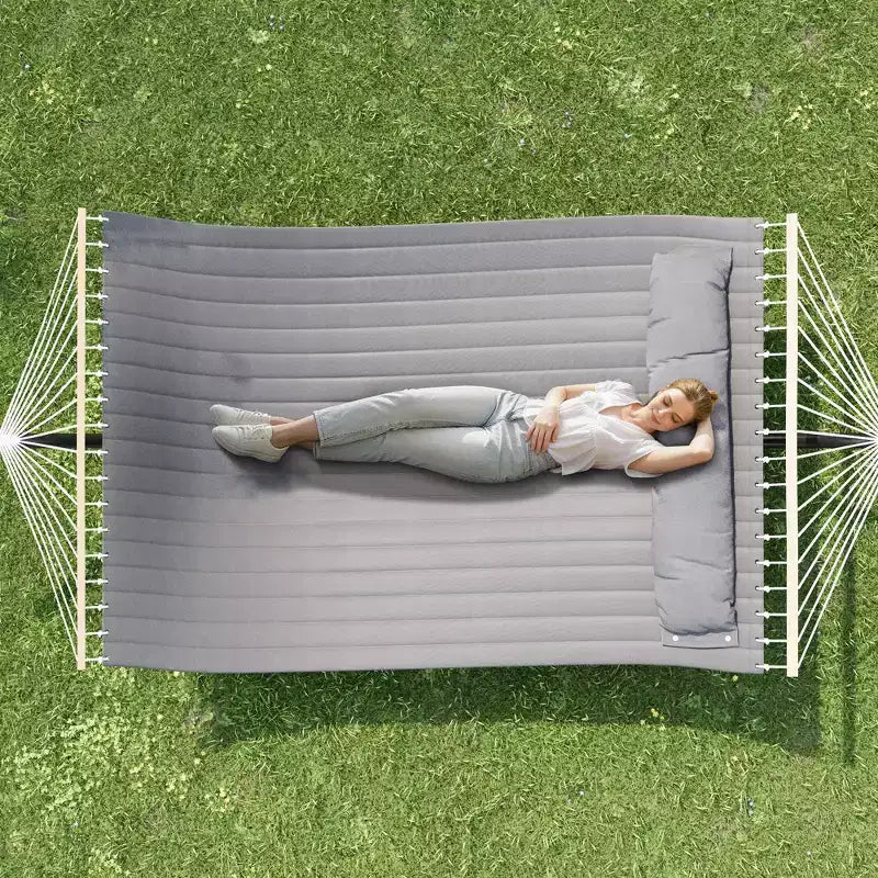 Extra Wide Double Hammock with Heavy Duty Steel Stand,Quilted Fabric Hammock with Pillow and Thick Rope, Portable Durable Hammock for Outdoor Patio