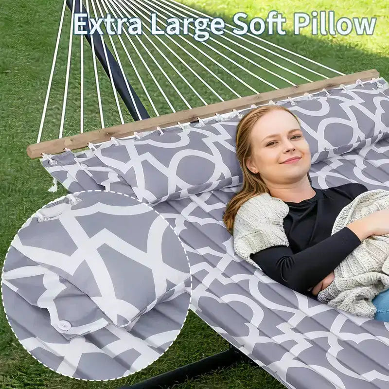 Extra Wide Double Hammock with Heavy Duty Steel Stand,Quilted Fabric Hammock with Pillow and Thick Rope, Portable Durable Hammock for Outdoor Patio
