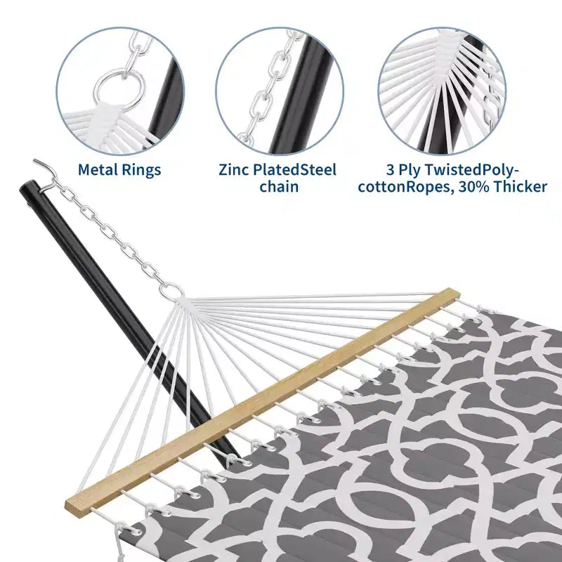 Extra Wide Double Hammock with Heavy Duty Steel Stand,Quilted Fabric Hammock with Pillow and Thick Rope, Portable Durable Hammock for Outdoor Patio